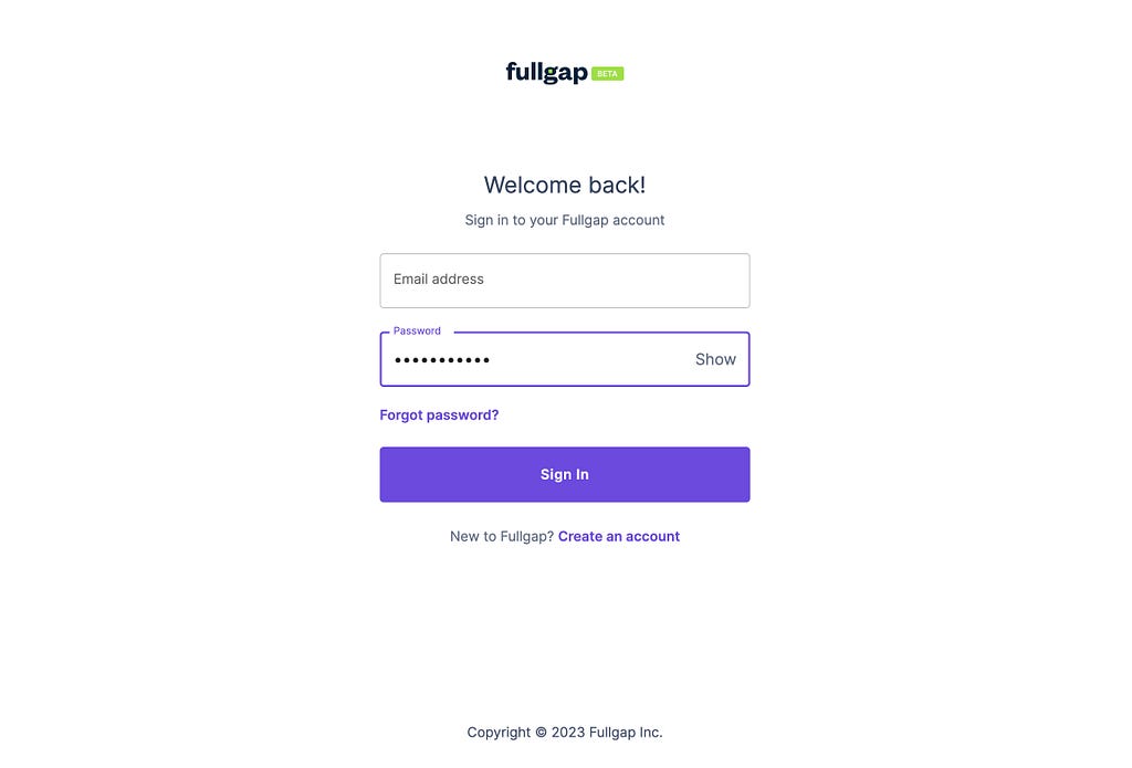 Login screen for Fullgap