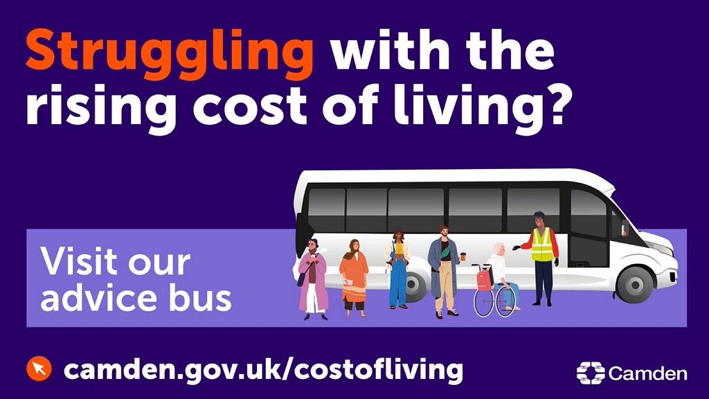 An advert for Camden’s Cost of Living support bus, with link to website content