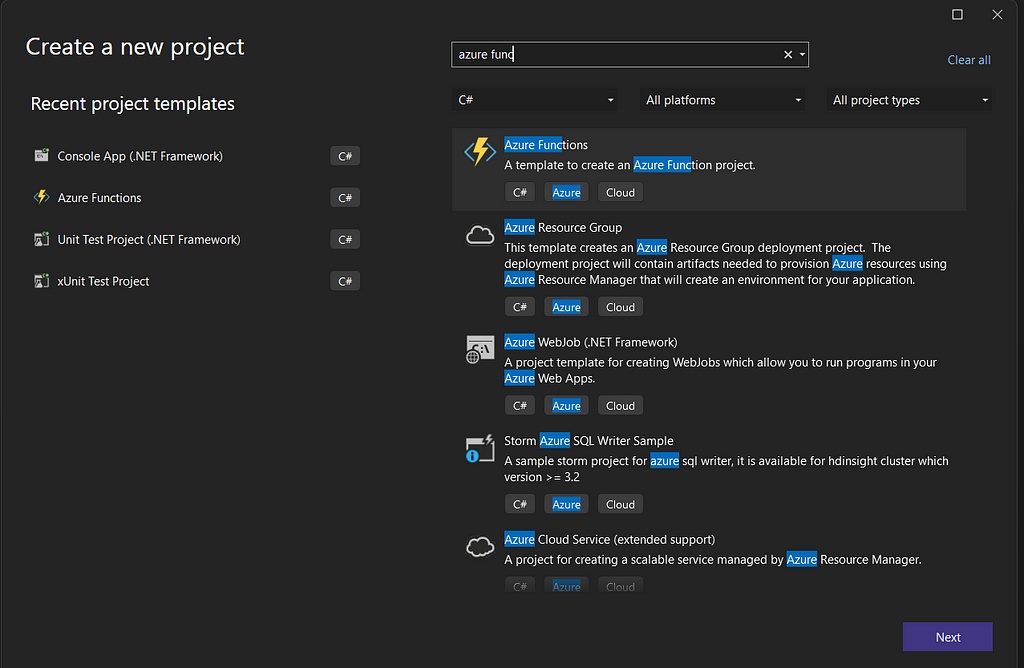 Visual studio image searching and selecting the project template for azure functions