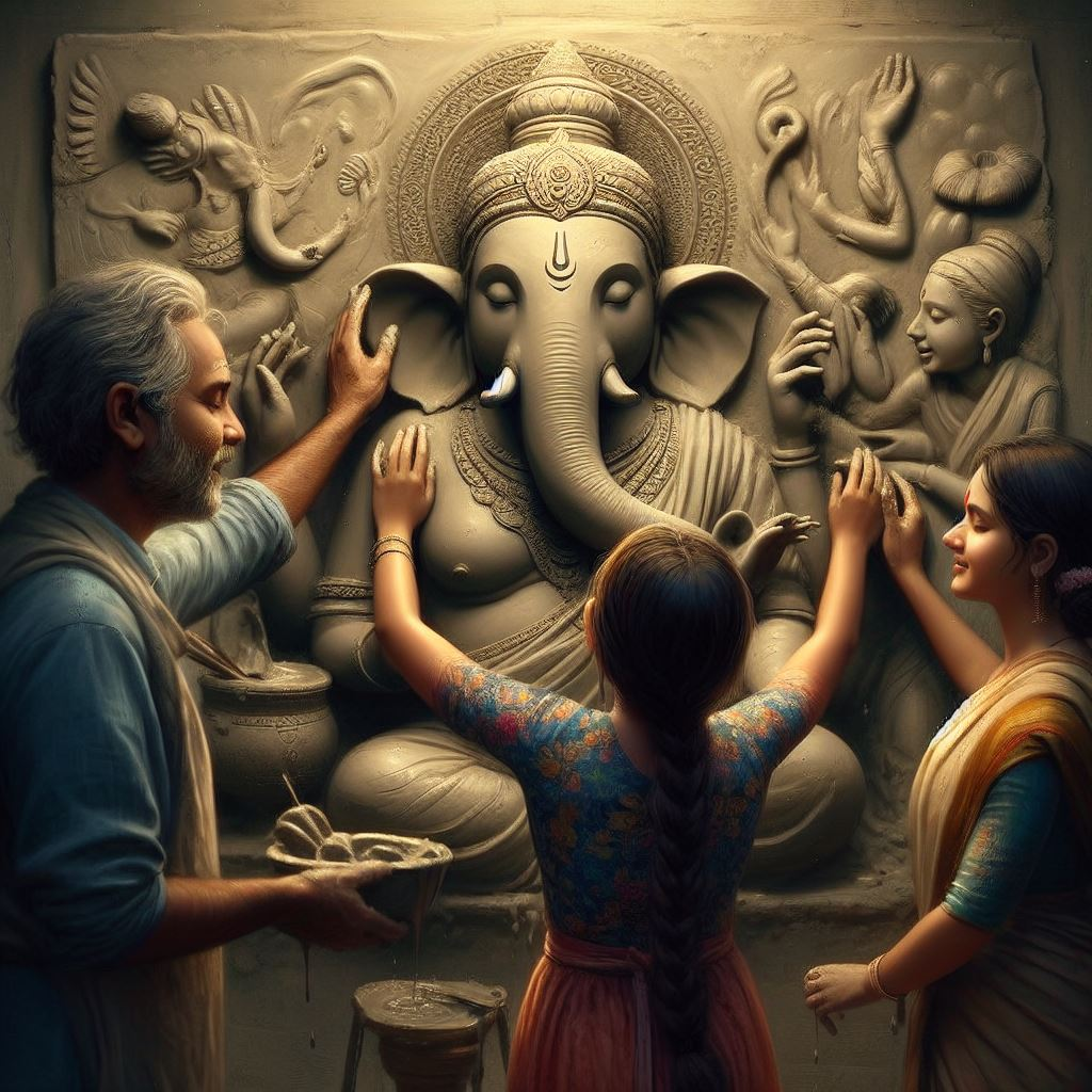 A clay Ganesha idol is in serene pose with the sculptor with salt and pepper hair, wearing a blue shirt is touching the ears of ganesh. Maya the little girl is touching the Ganesha and feeling it and another girl is standing next to Maya