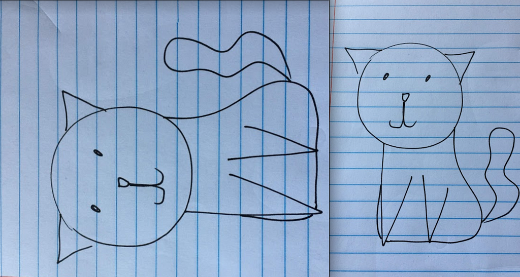 The first cartoon drawing of the cat from earlier, and a second image of the same drawing but slightly enlarged and rotated.