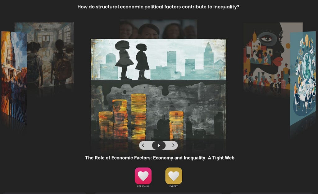 A hub from trendhub about the structural economic, political factors that contribute to inequality. Depiction of the 3D Carousel functionality.