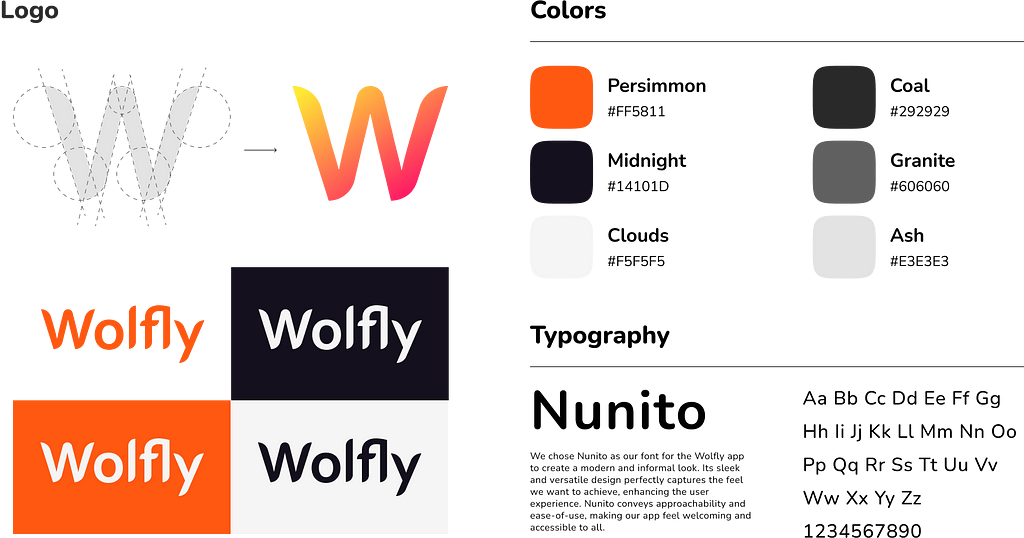 Wolfly’s visual identity board with its logo, colors and typography used later in its UI.