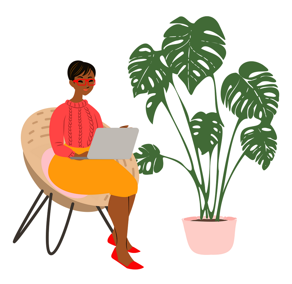 Illustration of woman sitting with her laptop.