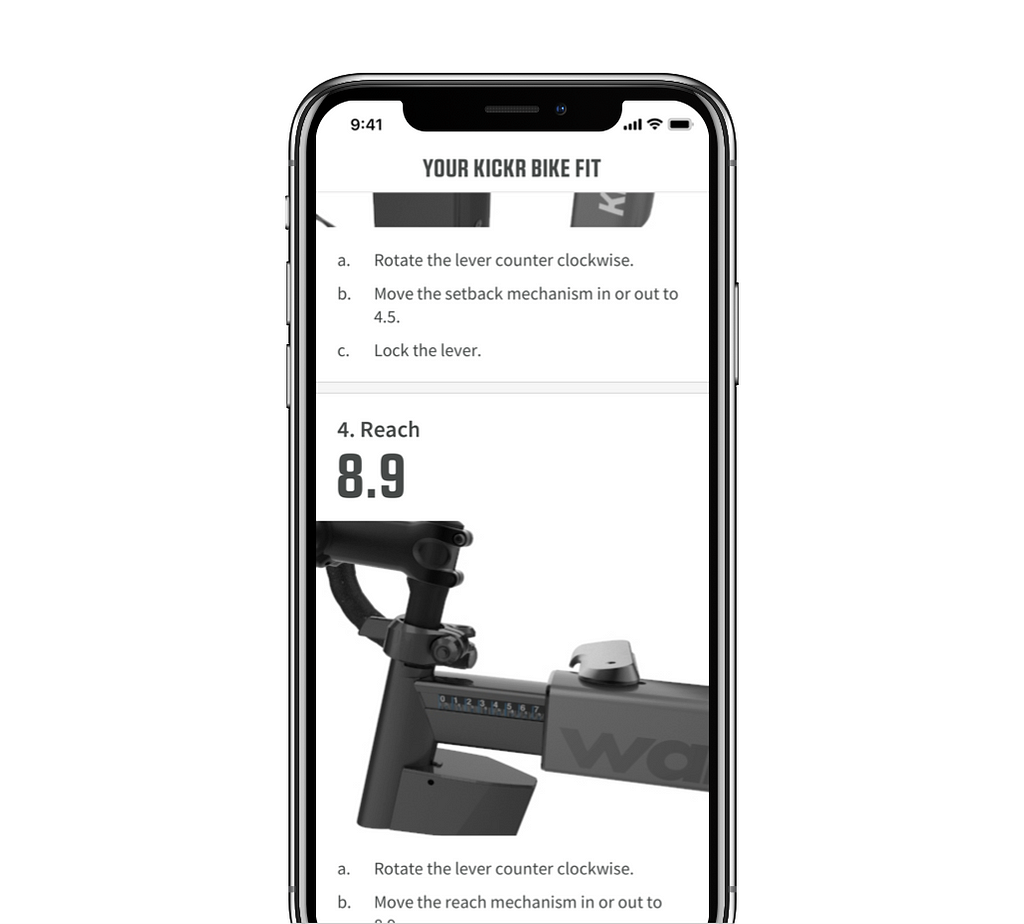 iPhone showing the user how to adjust the reach on KICKR BIKE.