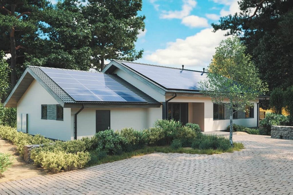 Modern home with solar panels on the roof in Salem, Utah, showcasing a clean energy solution under a bright sky.