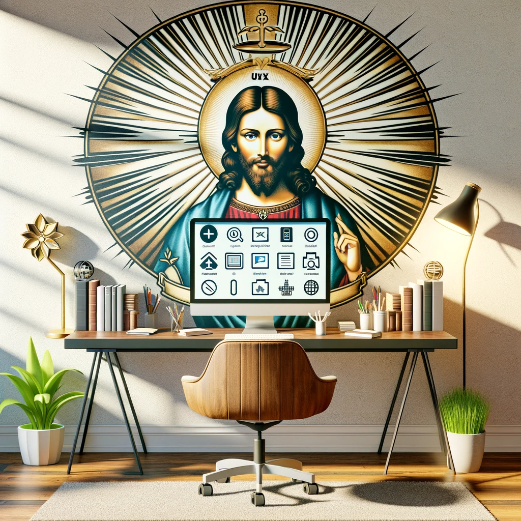 A work from home desk with a religious style icon in the background