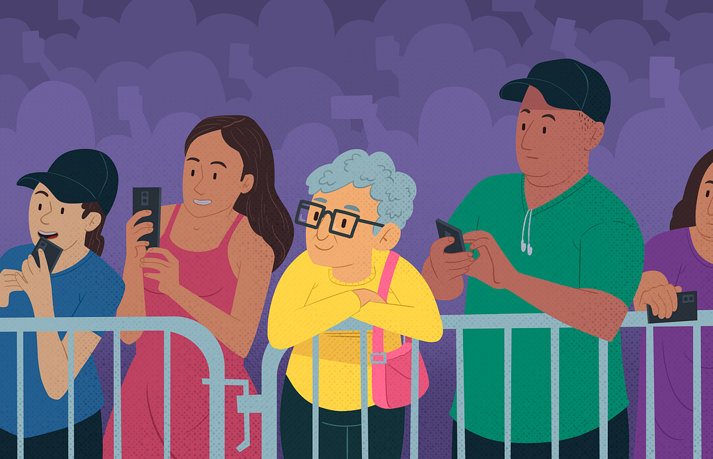 Ilustração de uma idosa, com óculos quadrado, blusa amarela e bolsa rosa, com os braços apoiado em uma grande de show, prestando atenção ao evento, ao lado de várias pessoas com celular na mão. E a idosa a única sem usar celular.