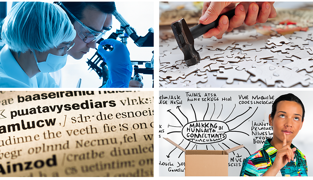 Four AI-generated images. The first has two scientists looking at things under a microscope and one has two foreheads with a microscope sticking into his hair. The second is a picture is of a hand with six fingers and a thumb holding a hammer and hammering puzzle pieces. The third is a page of what looks similar to a dictionary but the words are all gibberish. The fourth is an image of a person thinking outside of a box with a mindmap drawn on a white background that is also in gibberish.