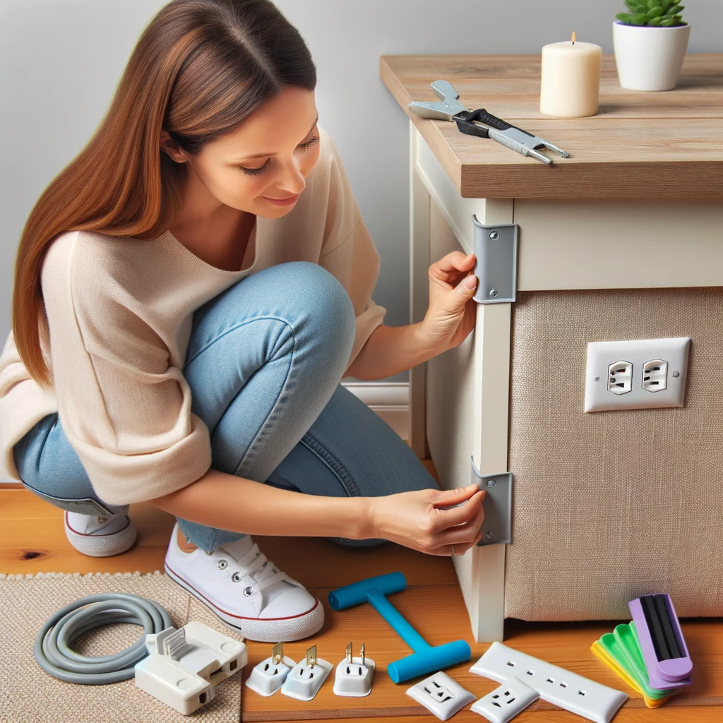 Mother actively childproofing a room, focusing on cushioning sharp furniture edges with other safety tools in view