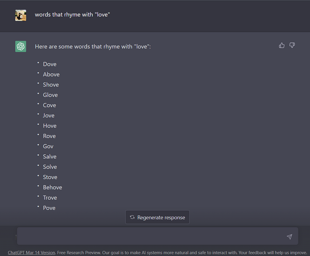 Figure 2- ChatGPT’s response to prompt: “words that rhyme with ‘love’”