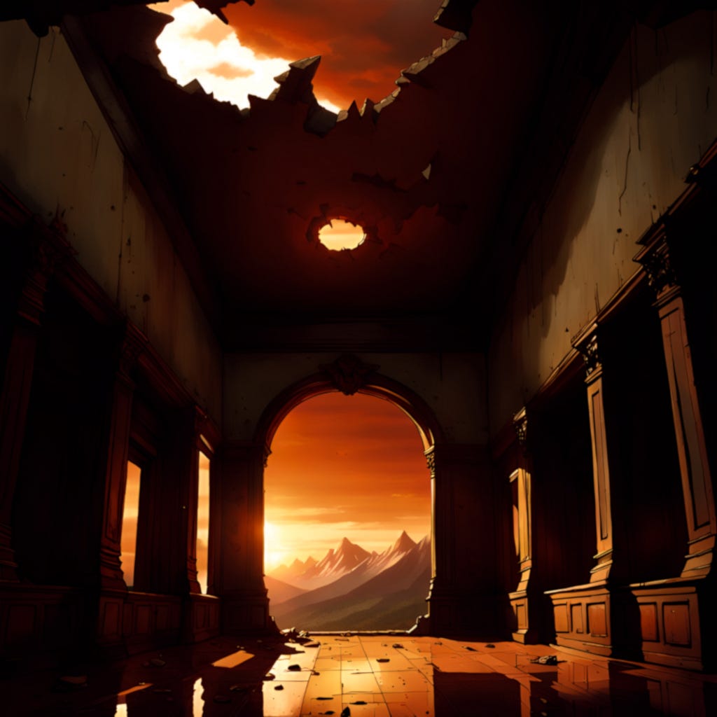 The ruby sun sets through the broken palace wall.