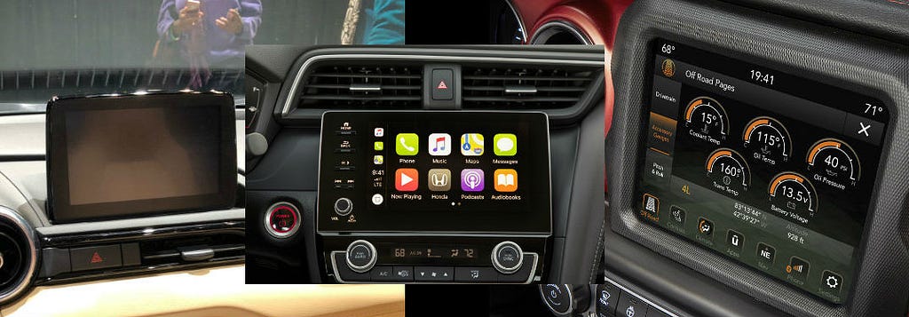 Various touchscreen infotainment systems with different features and sizes.