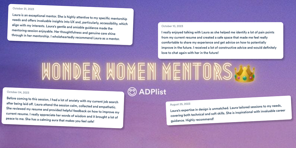 Screenshot displaying positive reviews for Wonder Women Mentors
