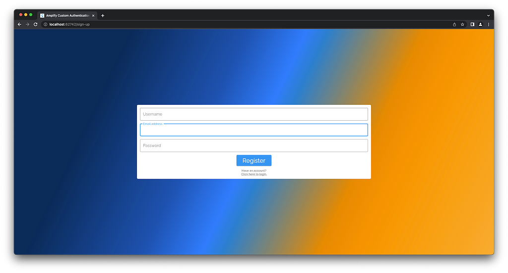 Register screen on a browser with username, email, password fields