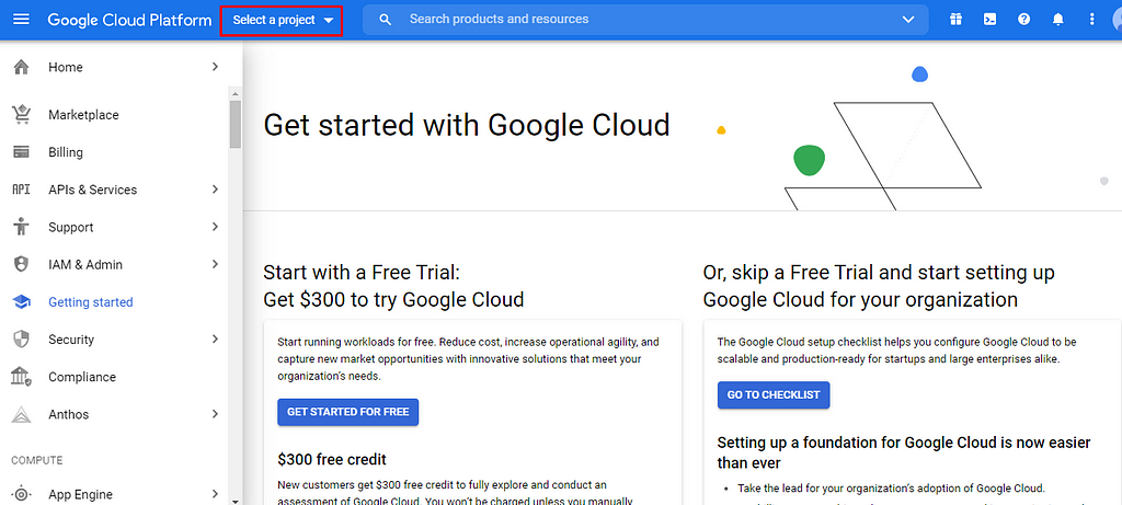 Google Cloud get started screen
