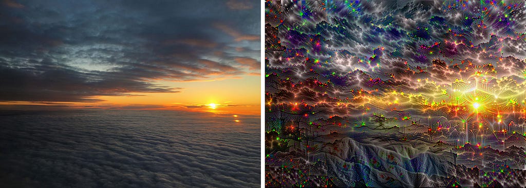 Left image, picture of sun setting between clouds. Right image, result of deep dreamming applied to the left image.