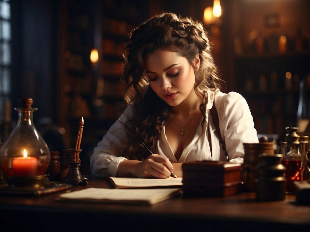 A woman is writing in an alchemist laboratory.