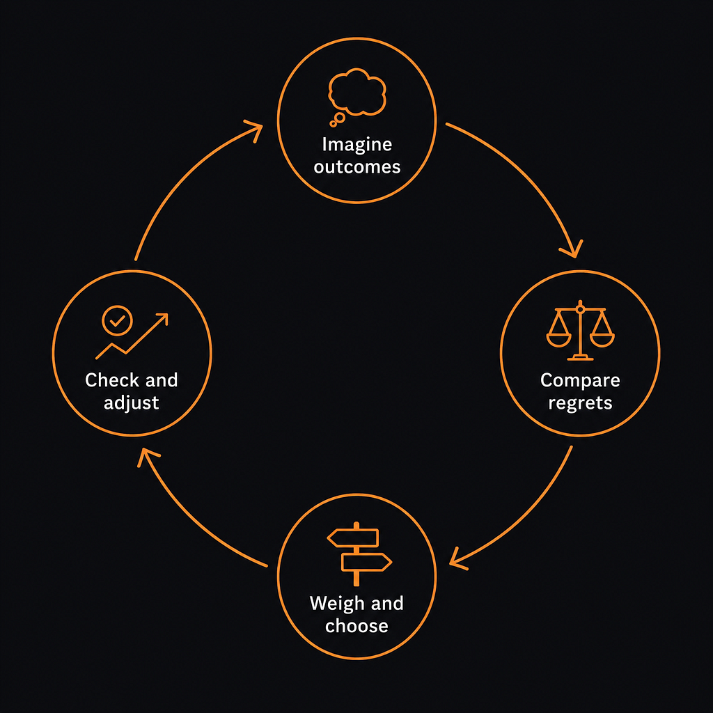 A minimalist infographic-style diagram: four labeled nodes arranged in a circular loop with arrows connecting them — “Imagine outcomes,” “Compare regrets,” “Weigh and choose,” “Check and adjust”