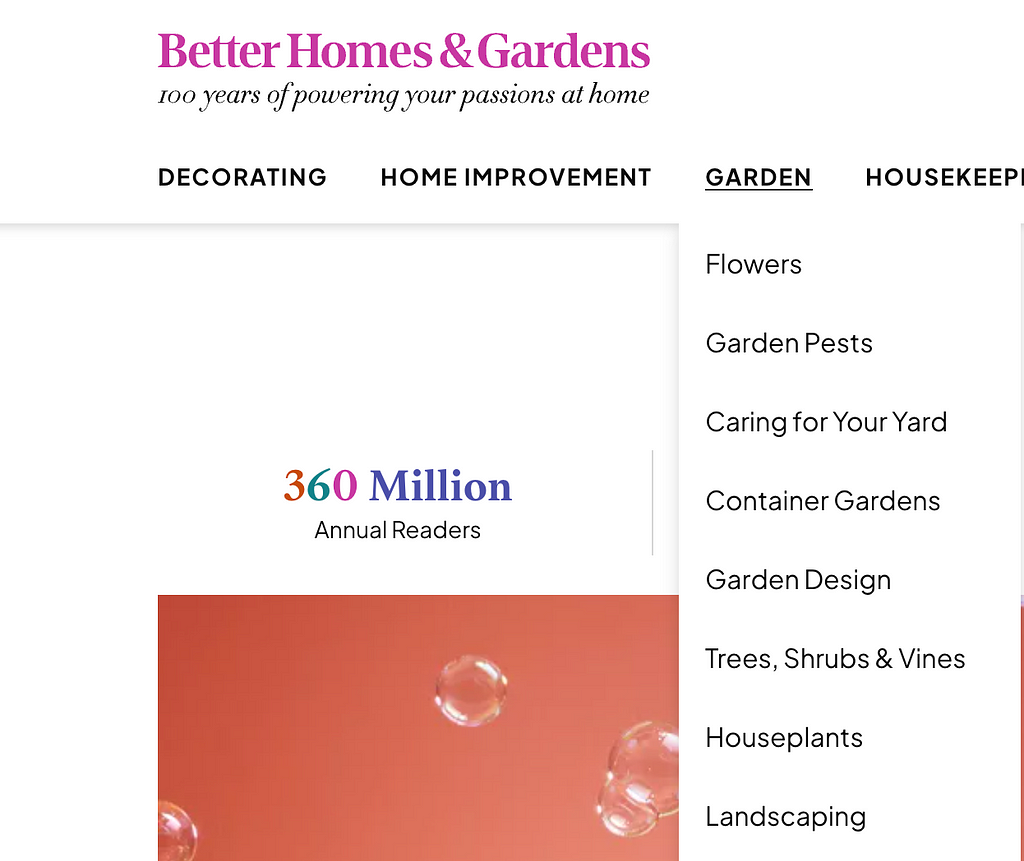 A screenshot of the website showing the dropdown menu of gardening on Better Homes and Gardens