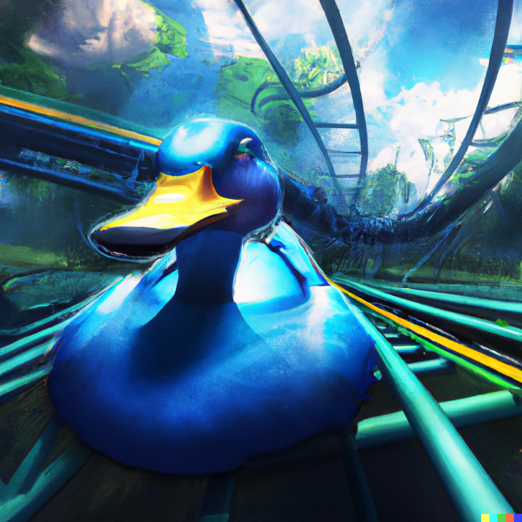 A blue duck on a roller coaster