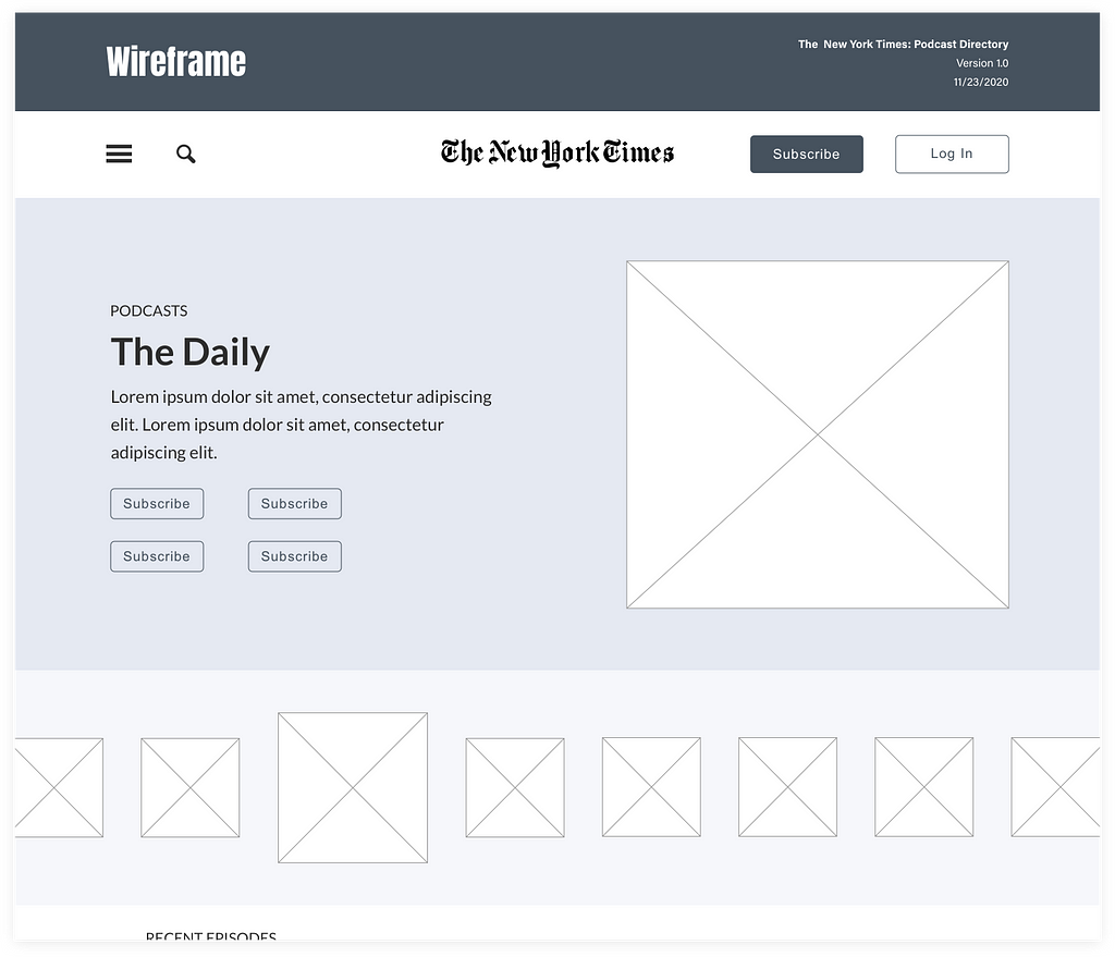 Final version of The New York Times’s podcast directrory wireframe — designed in Sketch.