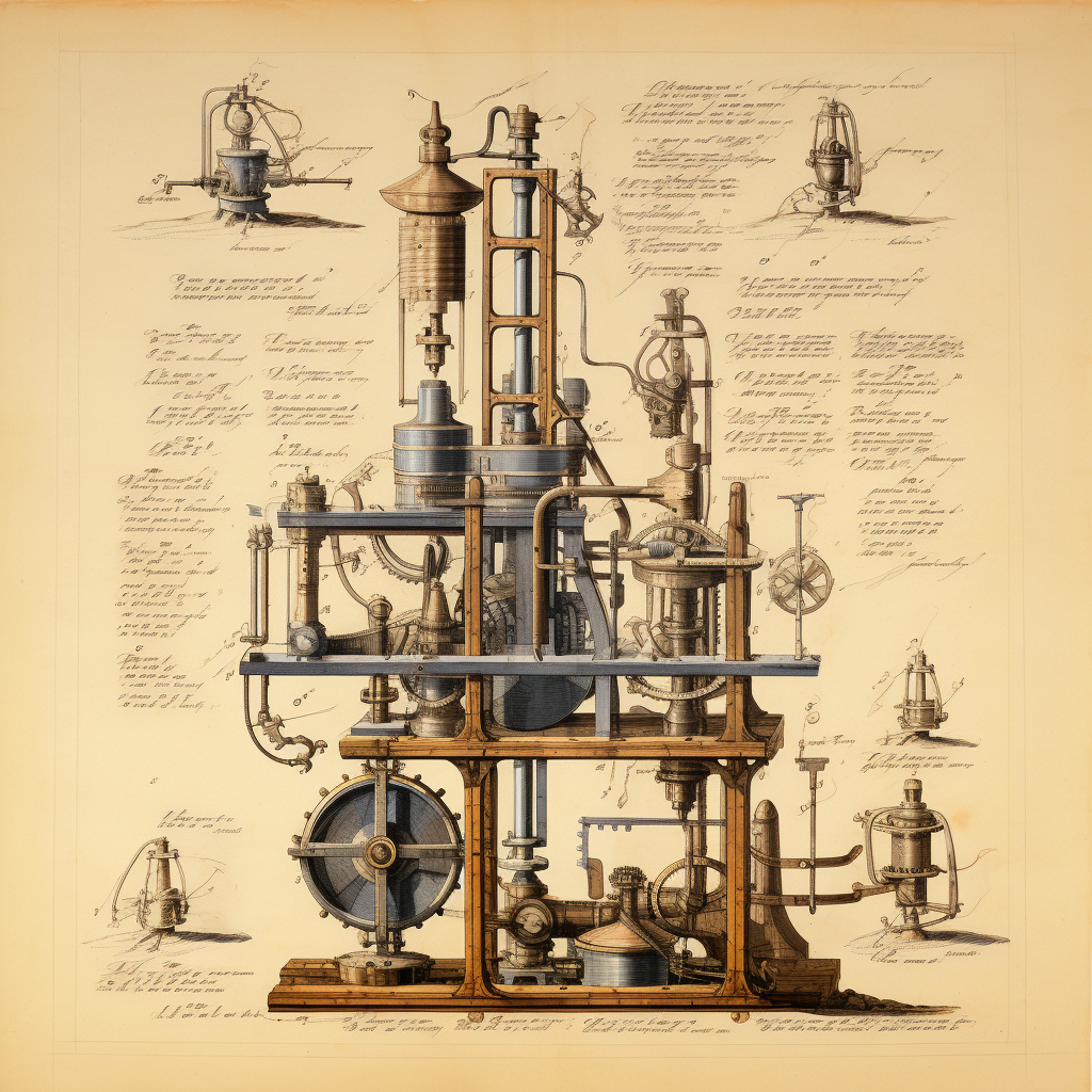 The First Steam Engine re-imagined by Midjourney’s AI — I love how the AI confidently creates something entirely fictional, fills it with jibberish, and yet still manages to make it look like something historical