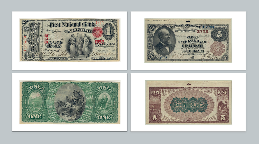 A first charter dollar note and five dollar second charter brownback