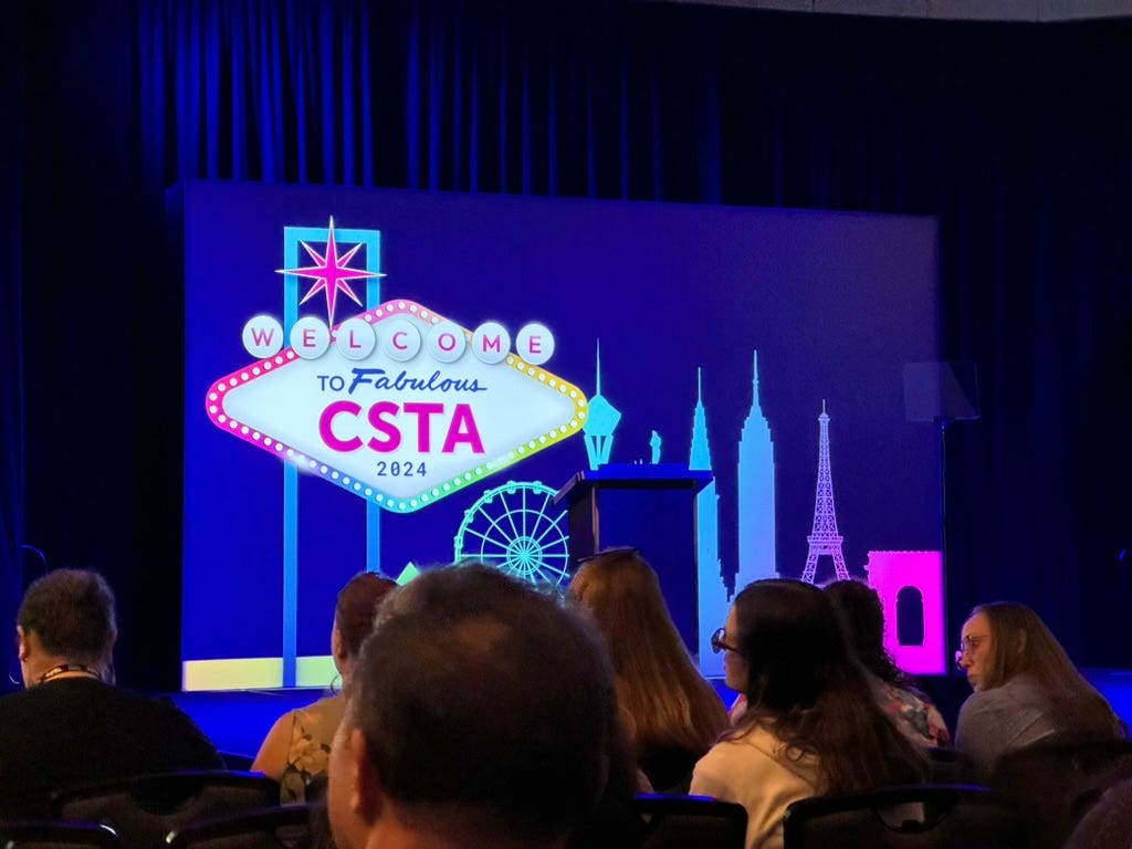 A dark purple stake background, saying welcome to fabulous CSTA 2024.