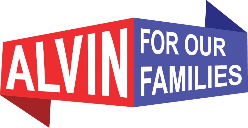 Logo displaying text overlaid on geometric shapes. “Alvin” on the left side and “for our families” on the right.