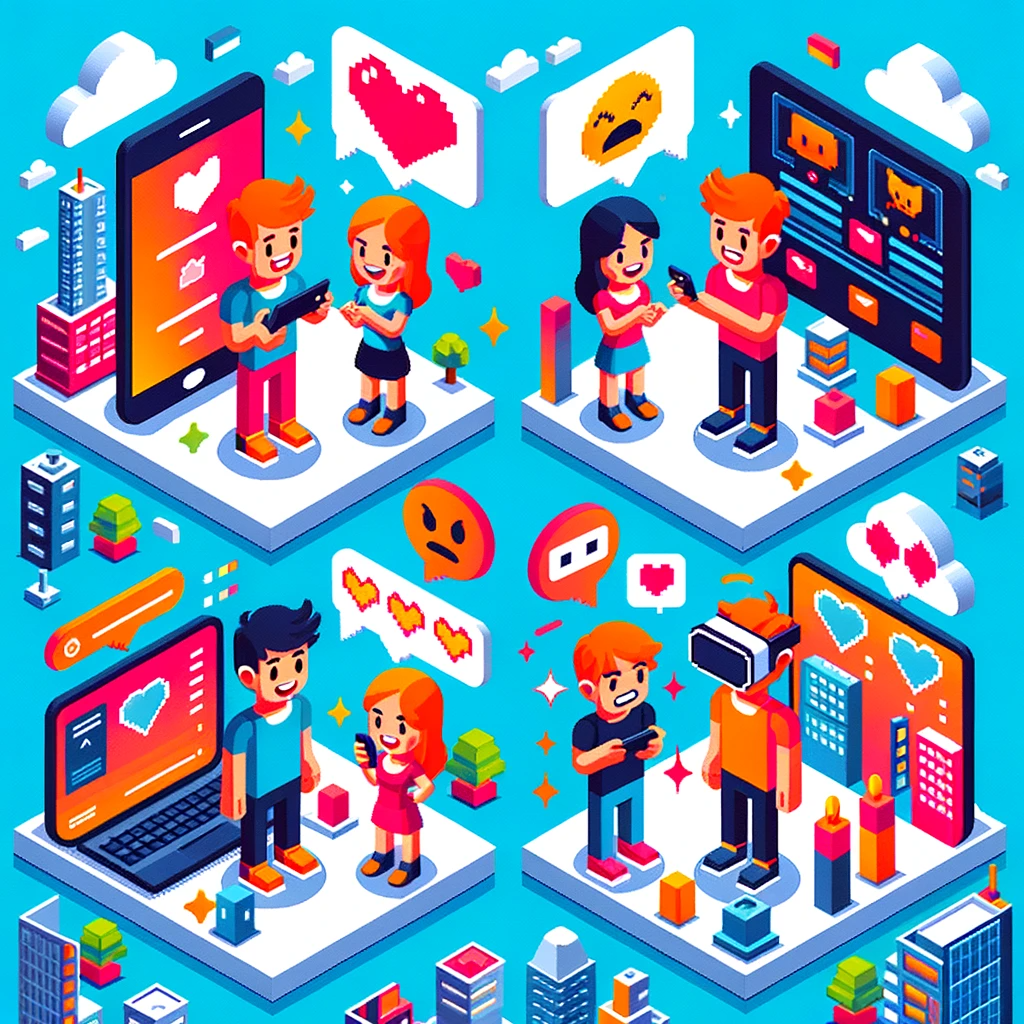 People using different digital devices in an isometric illustration, with mixed emotions depicted through video game pixel art style emojis above their heads.