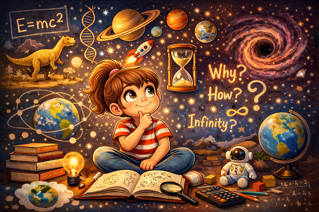 A child sitting reading a book wondering about all the possible complicated questions in life
