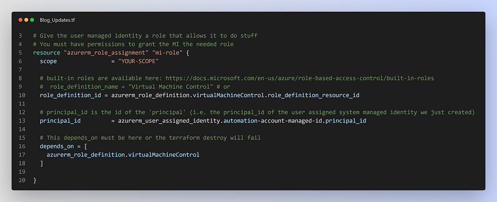 Terraform code showing the use of role definition id rather than role definition name.