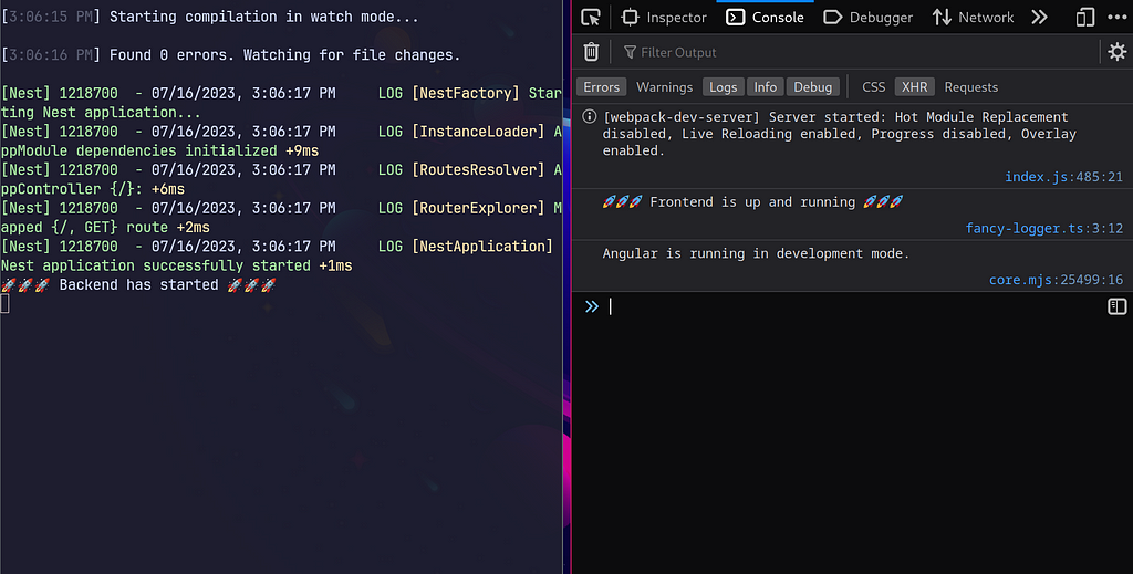 The outputs of the backend terminal and the frontend console showing how the logger is working correctly