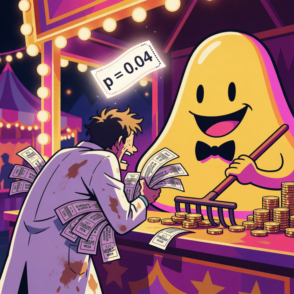 Cartoon researcher buying piles of lottery tickets labeled with hypothesis tests, illustrating p-hacking and multiple comparisons