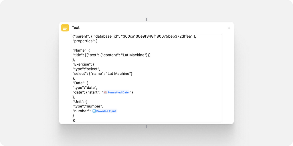 Screenshot of the shortcut text action with the json code we need to add a new entry to a database
