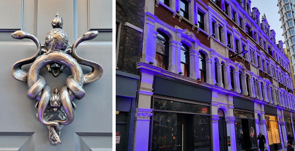 Spectacular door knockers with a Garden of Eden serpent theme mark Chateau Denmark’s doors. The building is lit in electric purple lights at night. Photos by Laura Metze.