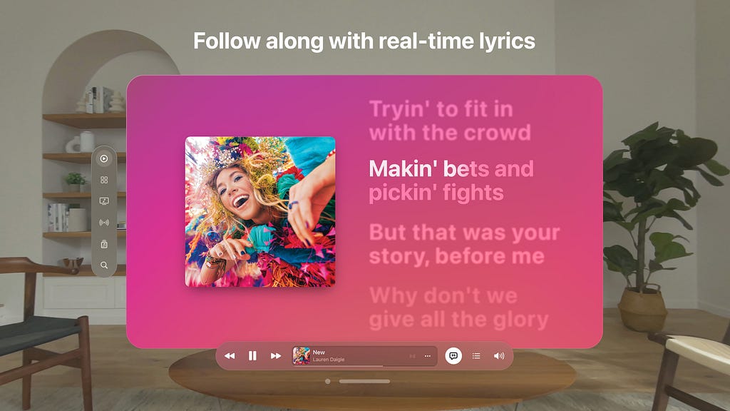 A photo illustration of Apple Vision Pro app experiences: real time lyrics