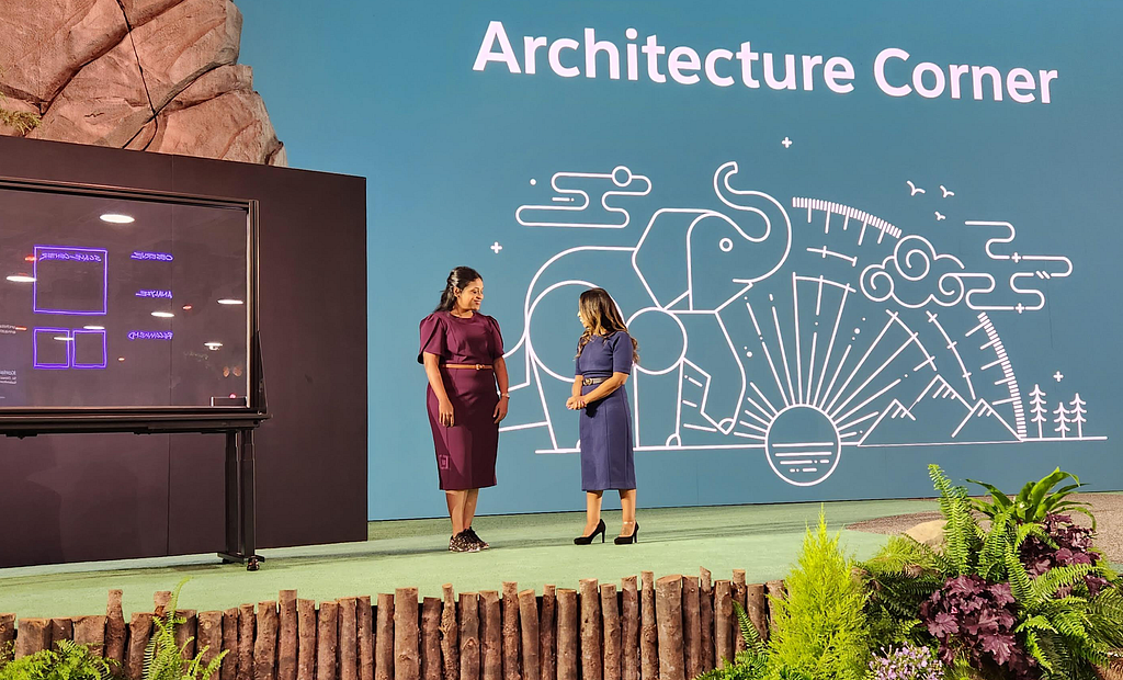 Susannah Plaisted and Karishma Lalwani in the Architecture Corner at the Dreamforce ’23 Architect Keynote