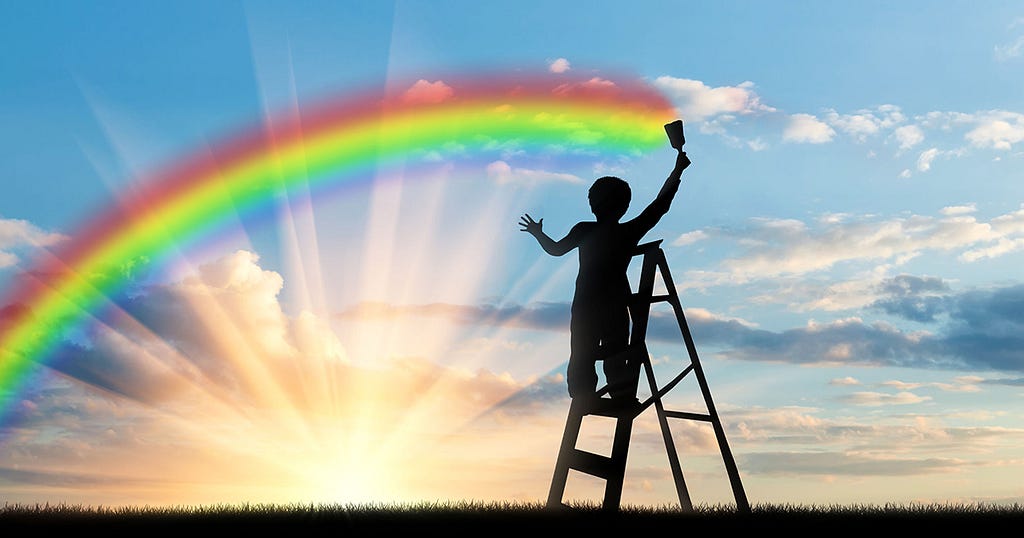 Child on ladder painting a rainbow before a bright sunrise