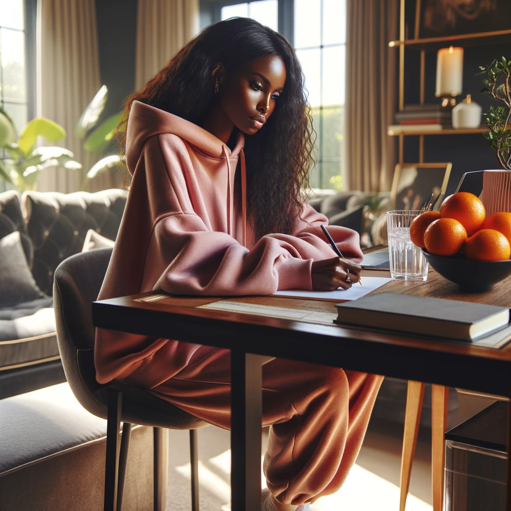 Black woman in her early 40s sits in a sunlit home office, an oversized pink hoodie complementing the room’s warm ambiance. A bowl of oranges and a glass of ice water are on her desk, symbolizing energy and hydration amidst her creative process.