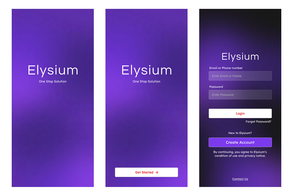 High-fidelity mockups of Elysium mobile app.