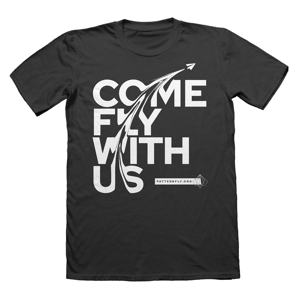 Grey tshirt with the words “Come fly with us”