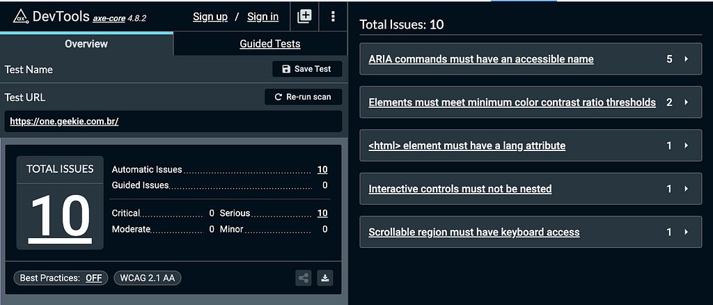 Printscreen da ferramenta DevTools apontando que há 10 problemas sérios de acessibilidade na página.