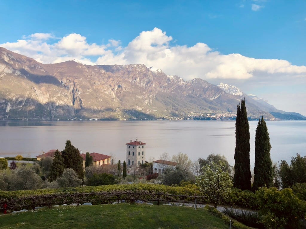 A lakeside and mountain view.