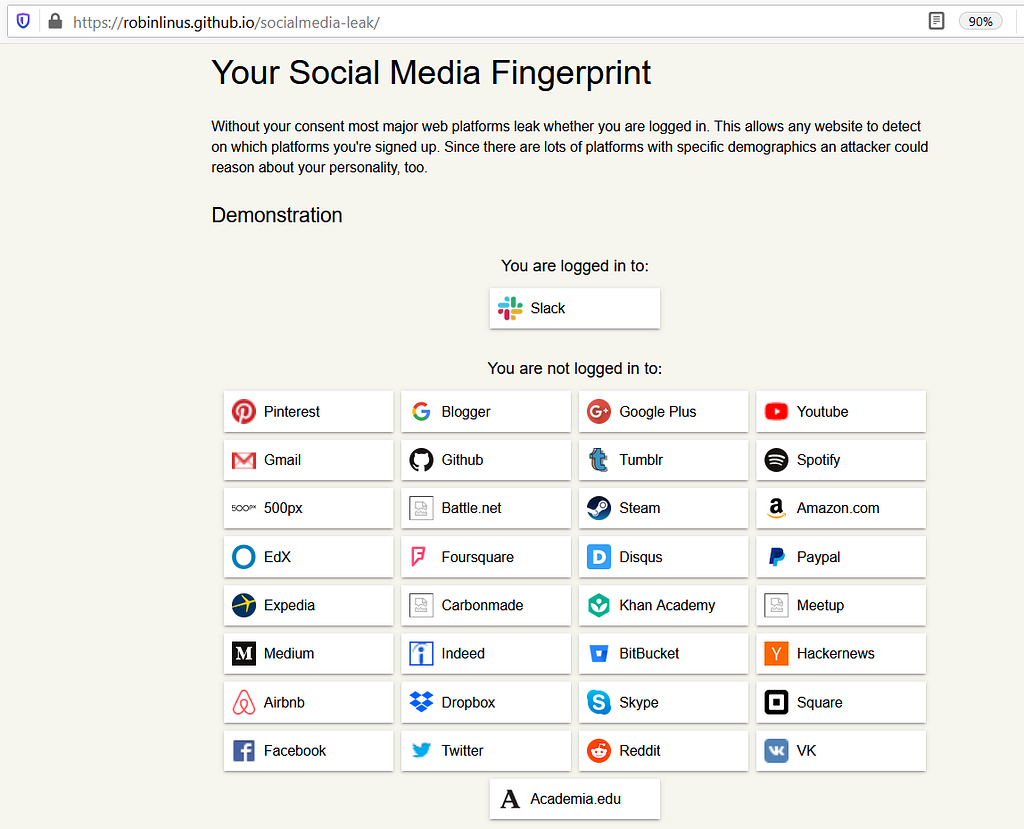 Your Social Media Fingerprint app screen