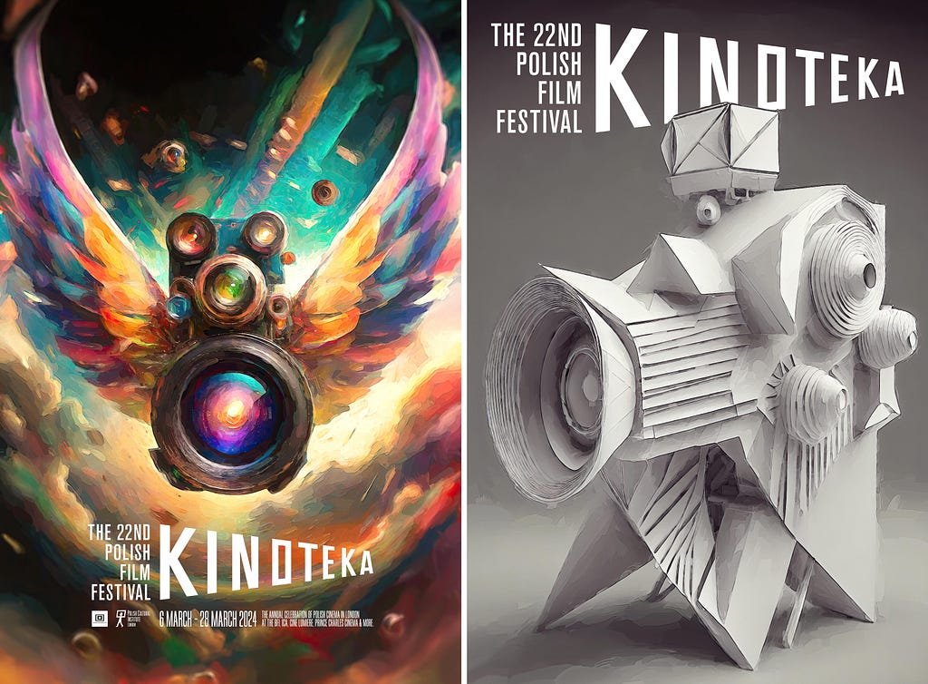 Two poster mockups. Left: A generative AI illustration of a camera with rainbow-colored wings and multiple lenses (it’s largest focused on the viewer) hovers against a turquoise and cloud-filled background. At the bottom are the words “The 22nd Film Festival Kinoteka.” Right: A generative AI illustration of a vintage movie camera, flash, and tripod composed of white cut and folded paper on a light gray background. At the top are the words “The 22nd Film Festival Kinoteka.”