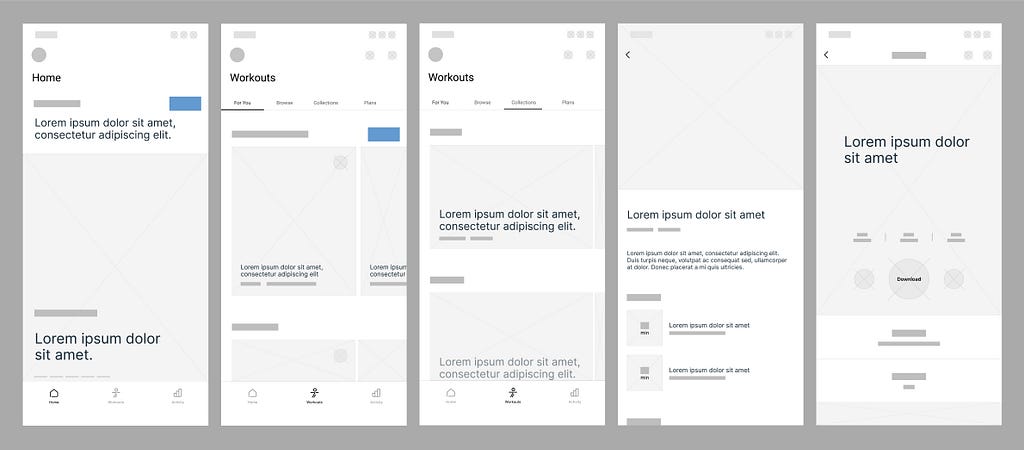 Mid-fidelity wireframes of the NTC app.