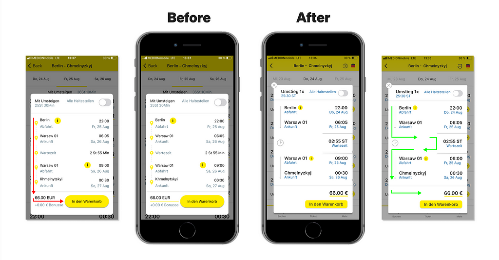 Before After change of information flow in redesigned app