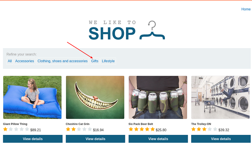 A simple shopping site with a red arrow pointing at the ‘Gifts’ filter button.